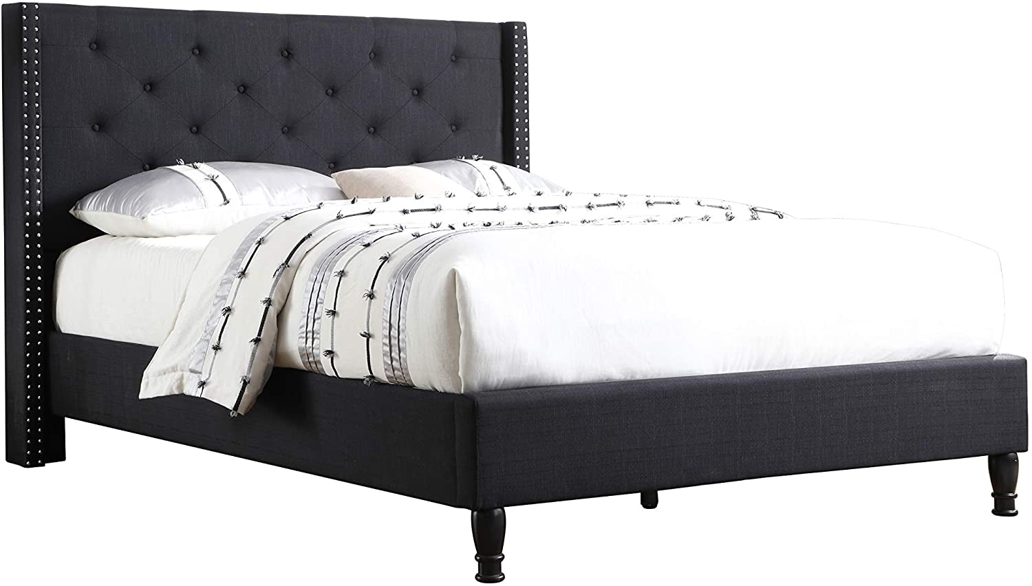 LIFE Home Premiere Classics Cloth Black Linen 51" Tall Headboard Platform Bed with Slats Queen - Complete Bed 5 Year Warranty Included (Furbed00007_Cloth_Black_Queen)