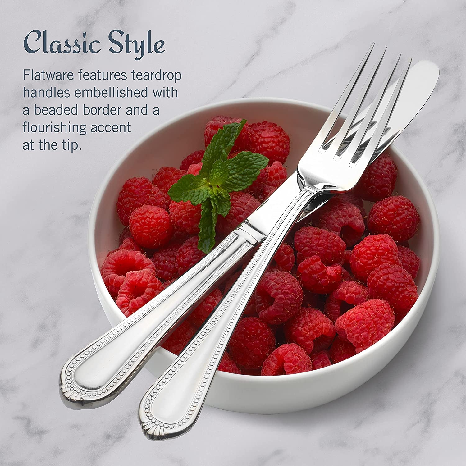 Regent Bead Flatware Set for 12, 65 Piece 18/10 Stainless Steel Silverware with Classic Beaded Design and Serving Utensils, Durable Dinnerware Service