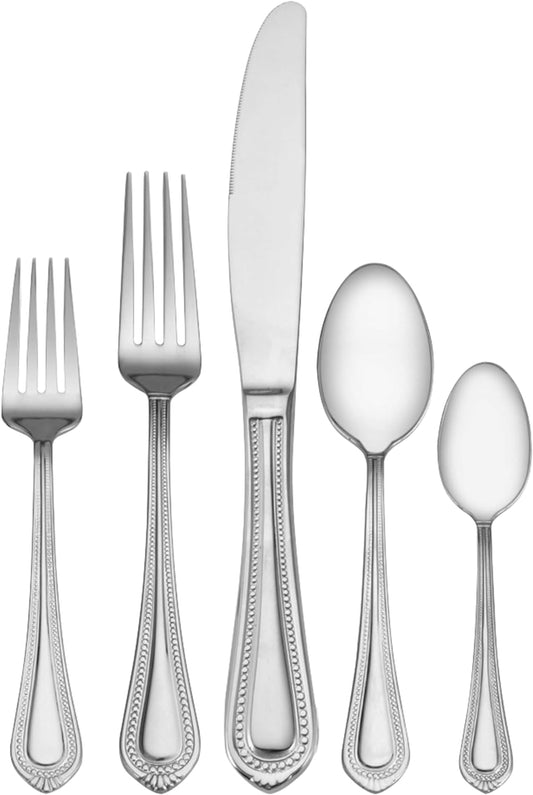 Regent Bead Flatware Set for 12, 65 Piece 18/10 Stainless Steel Silverware with Classic Beaded Design and Serving Utensils, Durable Dinnerware Service