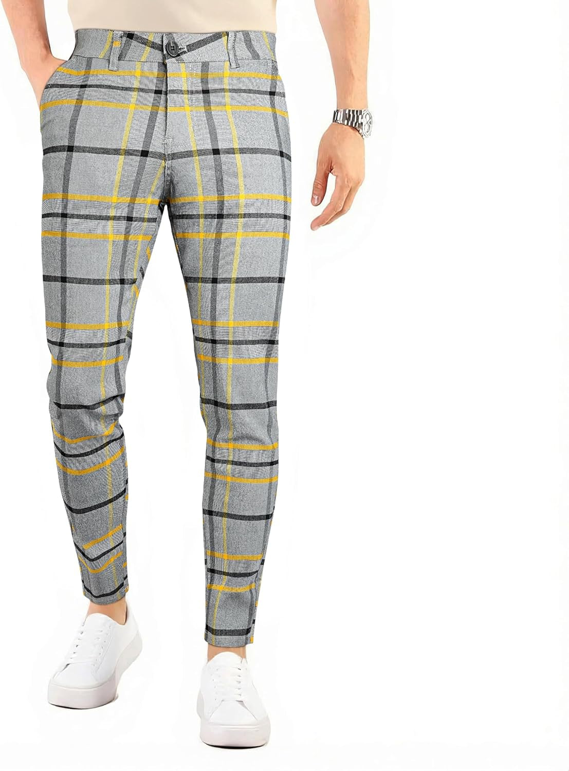 Mens Plaid Dress Pants Stretch Chino Pants Men Slim Fit
