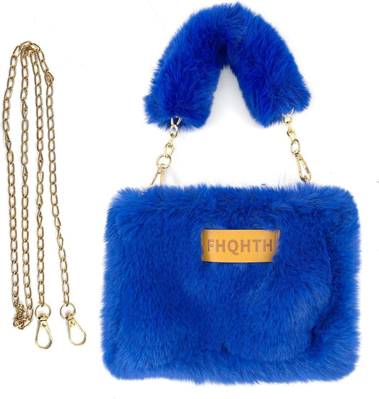 faux Fur Purse for Women Fluffy Evening Bags Small Cute Crossbody Bag Cosmetic Bag Metal Chain Strap