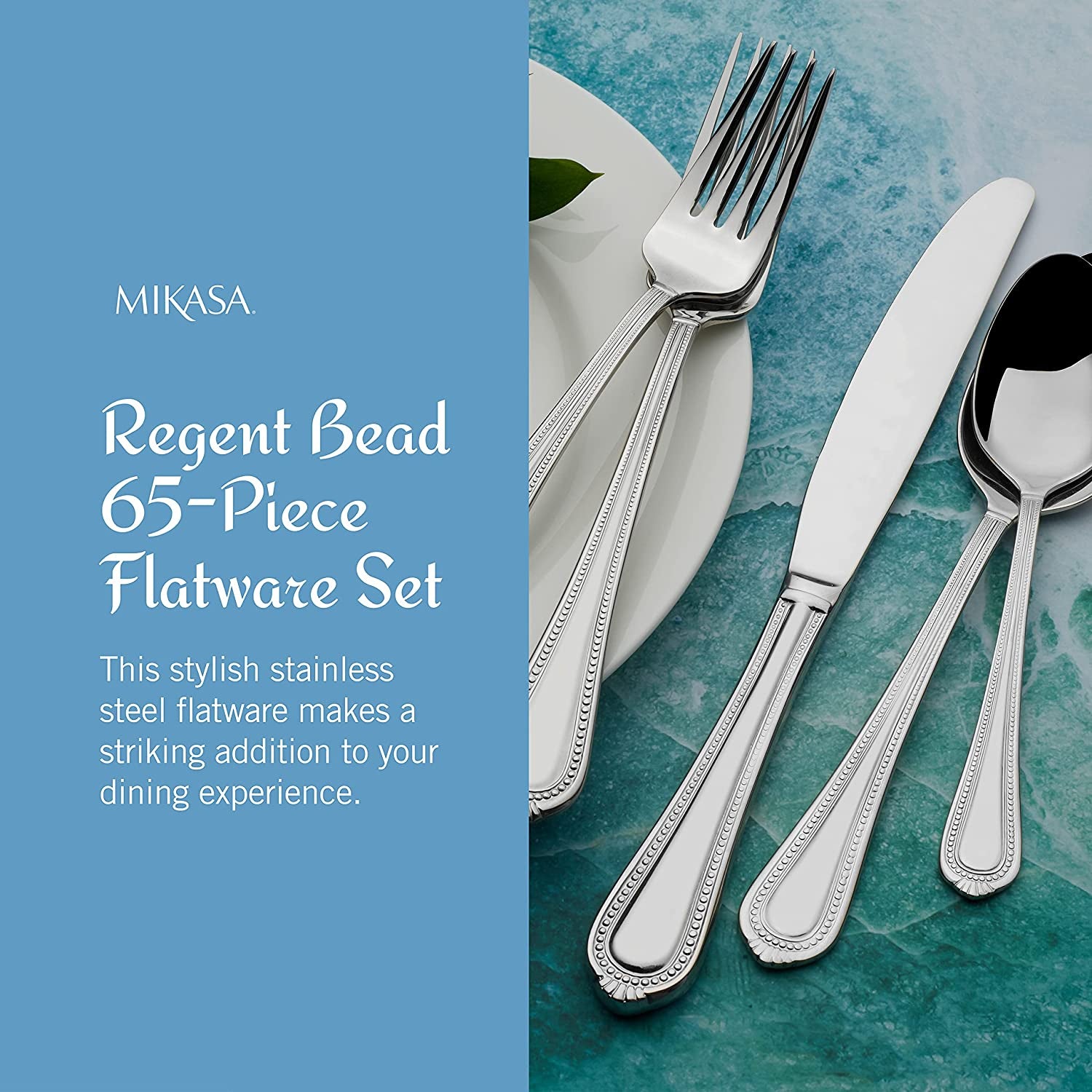 Regent Bead Flatware Set for 12, 65 Piece 18/10 Stainless Steel Silverware with Classic Beaded Design and Serving Utensils, Durable Dinnerware Service