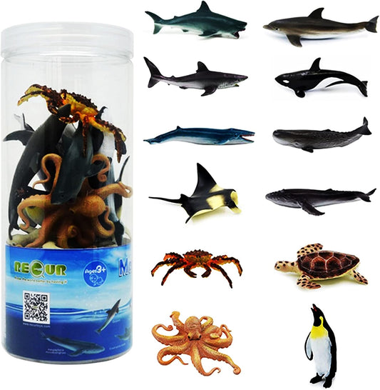 Sea Animal Toys for Kids 12Pcs Ocean Animal Figures Mini Animal Toys Figures under the Sea Party Favor for Boy Including Shark Octopus Crab Plastic Animal Figurines Bath Toys