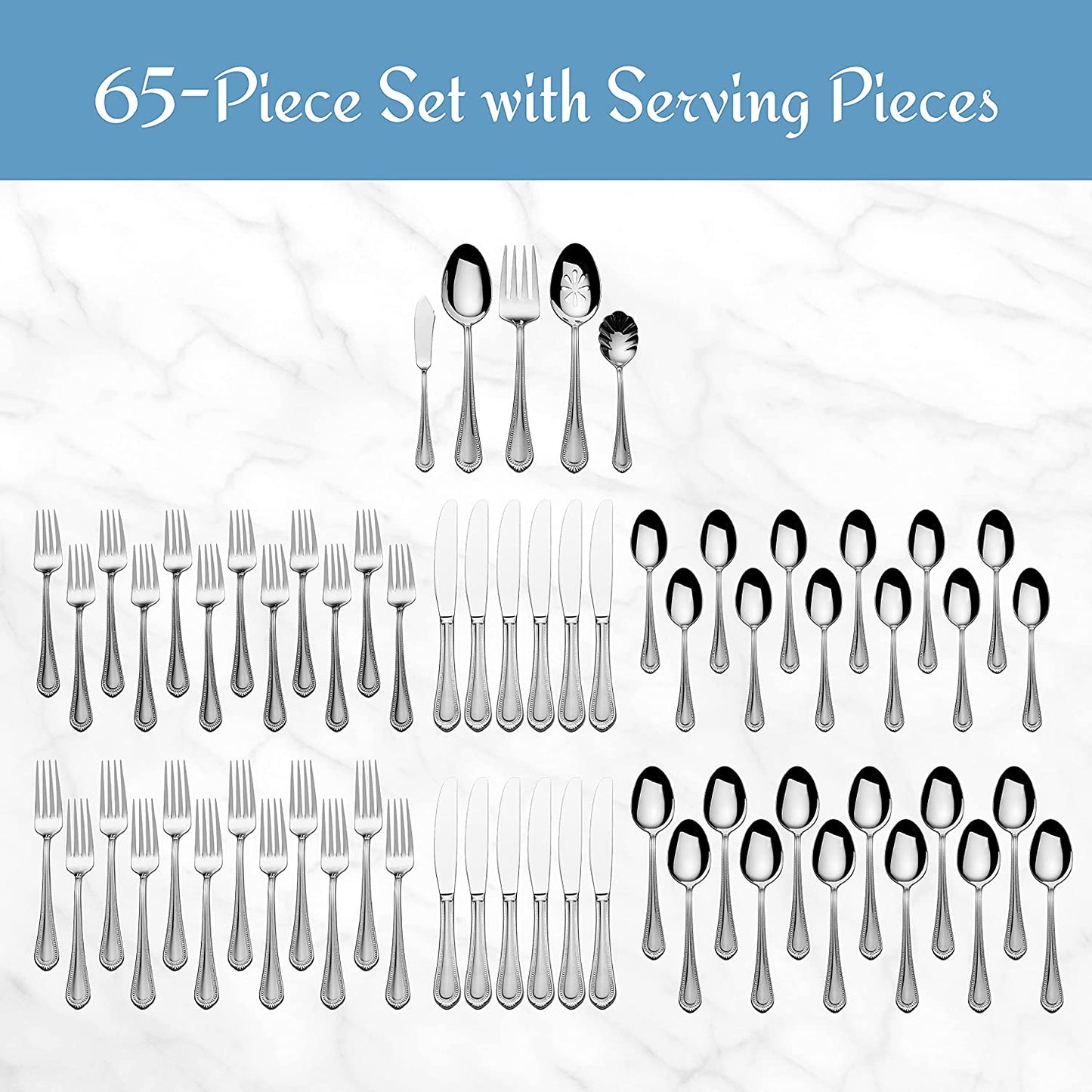 Regent Bead Flatware Set for 12, 65 Piece 18/10 Stainless Steel Silverware with Classic Beaded Design and Serving Utensils, Durable Dinnerware Service