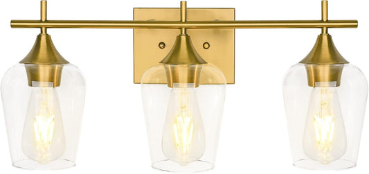 3-Light Gold Bathroom Light Fixtures, Brushed Brass Vanity Lights for Bathroom with Clear Glass Shade over Mirror for Bedroom Hallway Living Room