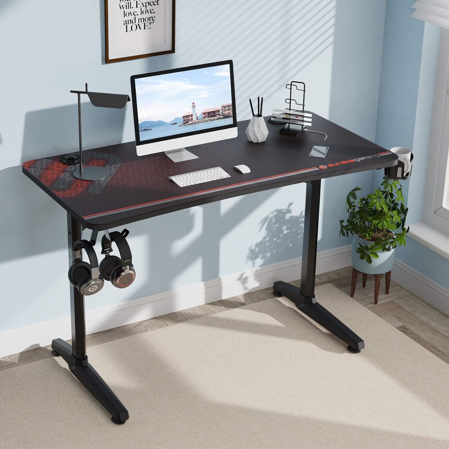 47 Inch Gaming Desk with Full Mouse Pad, Computer Gaming Desk with Cup Holder, Headphone Hook and Handle Rack with USB Charging Ports for Gamer, Black