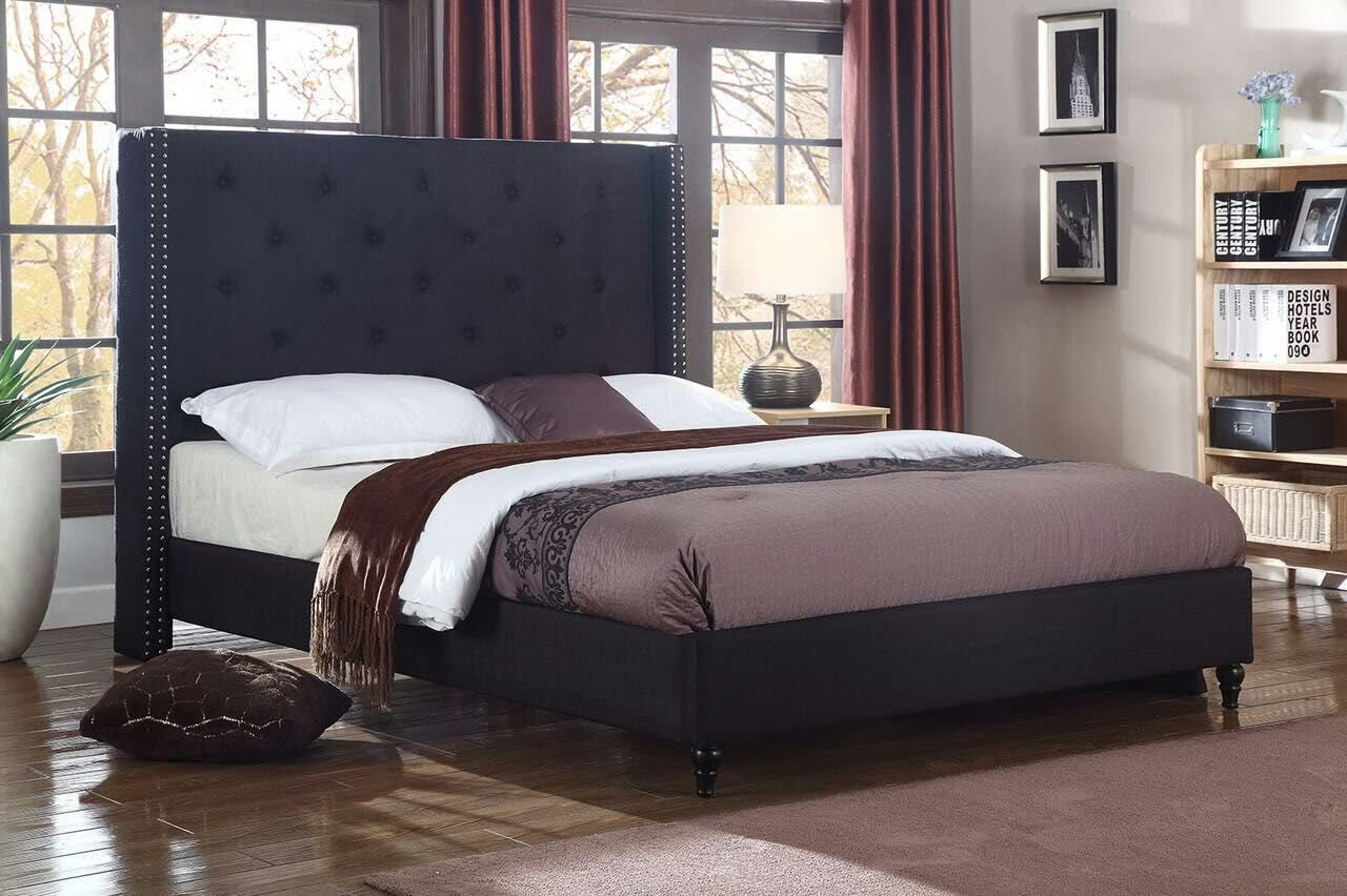 LIFE Home Premiere Classics Cloth Black Linen 51" Tall Headboard Platform Bed with Slats Queen - Complete Bed 5 Year Warranty Included (Furbed00007_Cloth_Black_Queen)