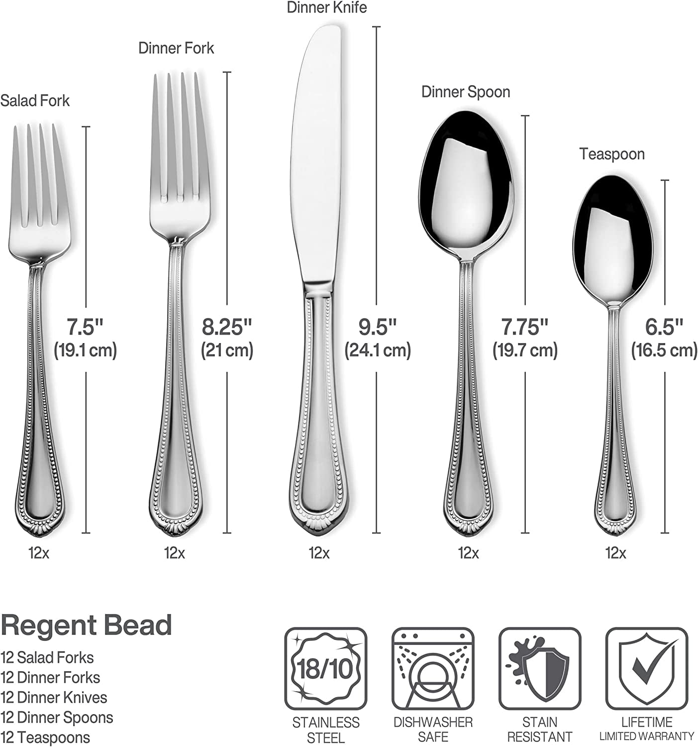 Regent Bead Flatware Set for 12, 65 Piece 18/10 Stainless Steel Silverware with Classic Beaded Design and Serving Utensils, Durable Dinnerware Service