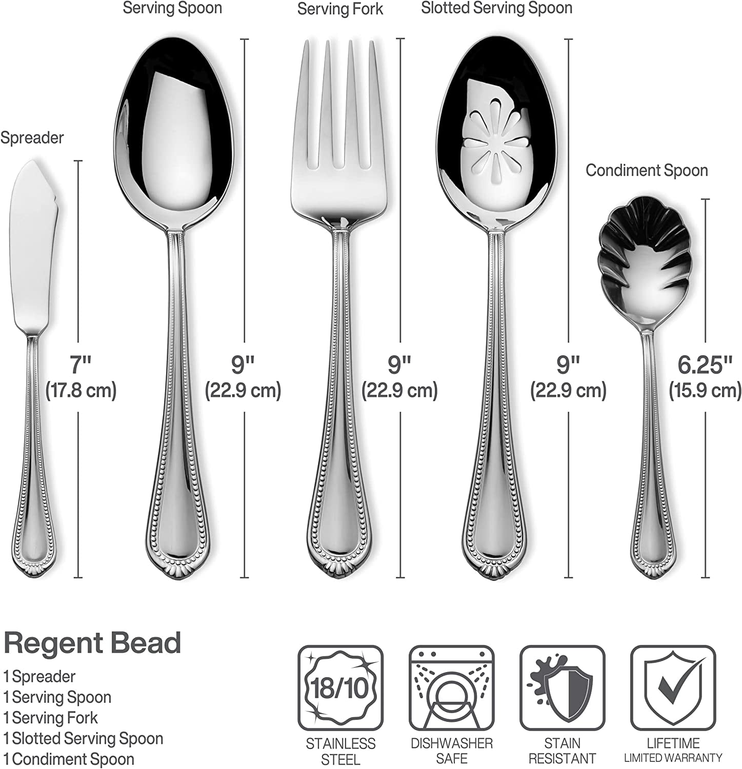 Regent Bead Flatware Set for 12, 65 Piece 18/10 Stainless Steel Silverware with Classic Beaded Design and Serving Utensils, Durable Dinnerware Service