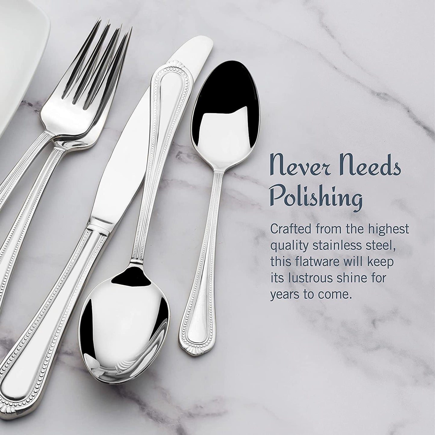Regent Bead Flatware Set for 12, 65 Piece 18/10 Stainless Steel Silverware with Classic Beaded Design and Serving Utensils, Durable Dinnerware Service
