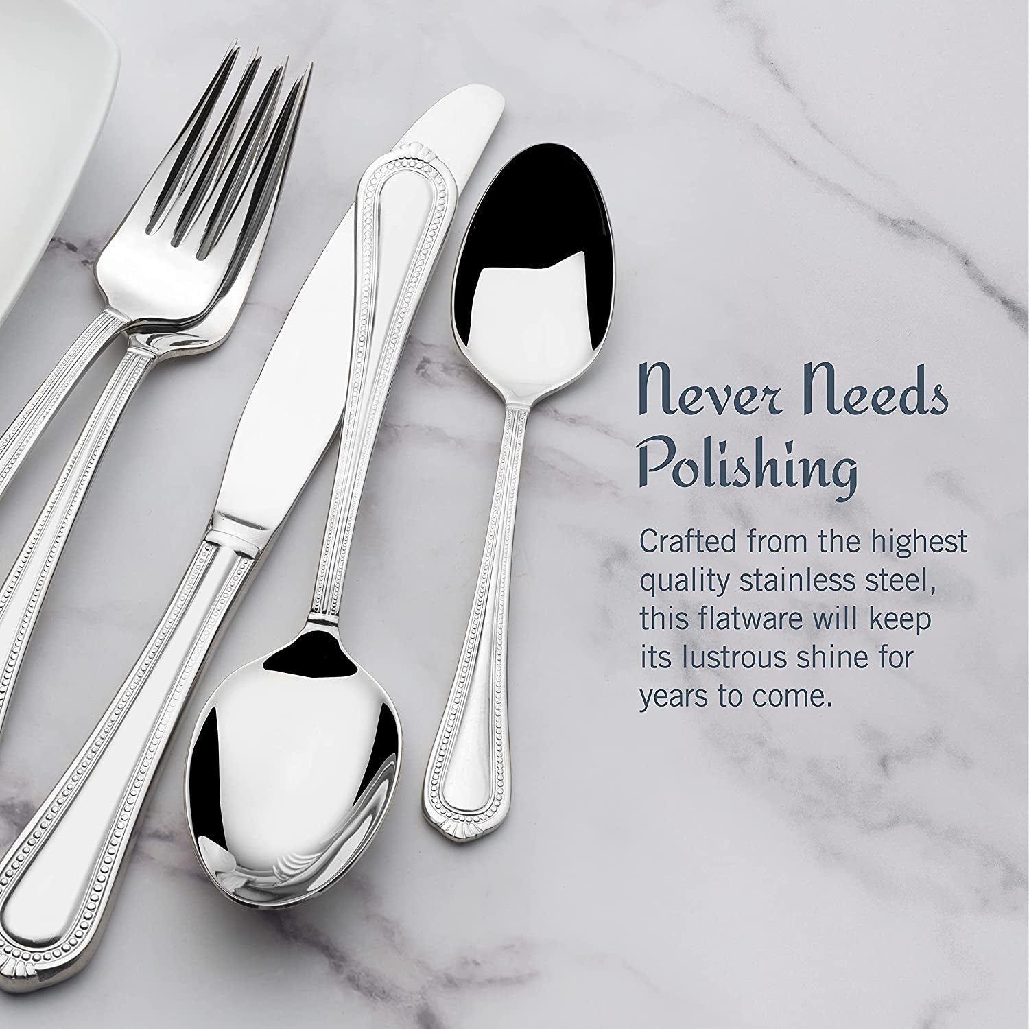 Regent Bead Flatware Set for 12, 65 Piece 18/10 Stainless Steel Silverware with Classic Beaded Design and Serving Utensils, Durable Dinnerware Service